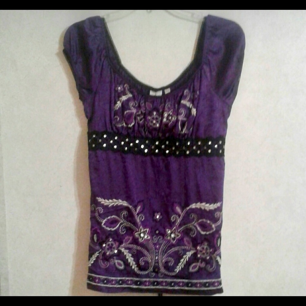 Purple and black rhinestone embellished top L